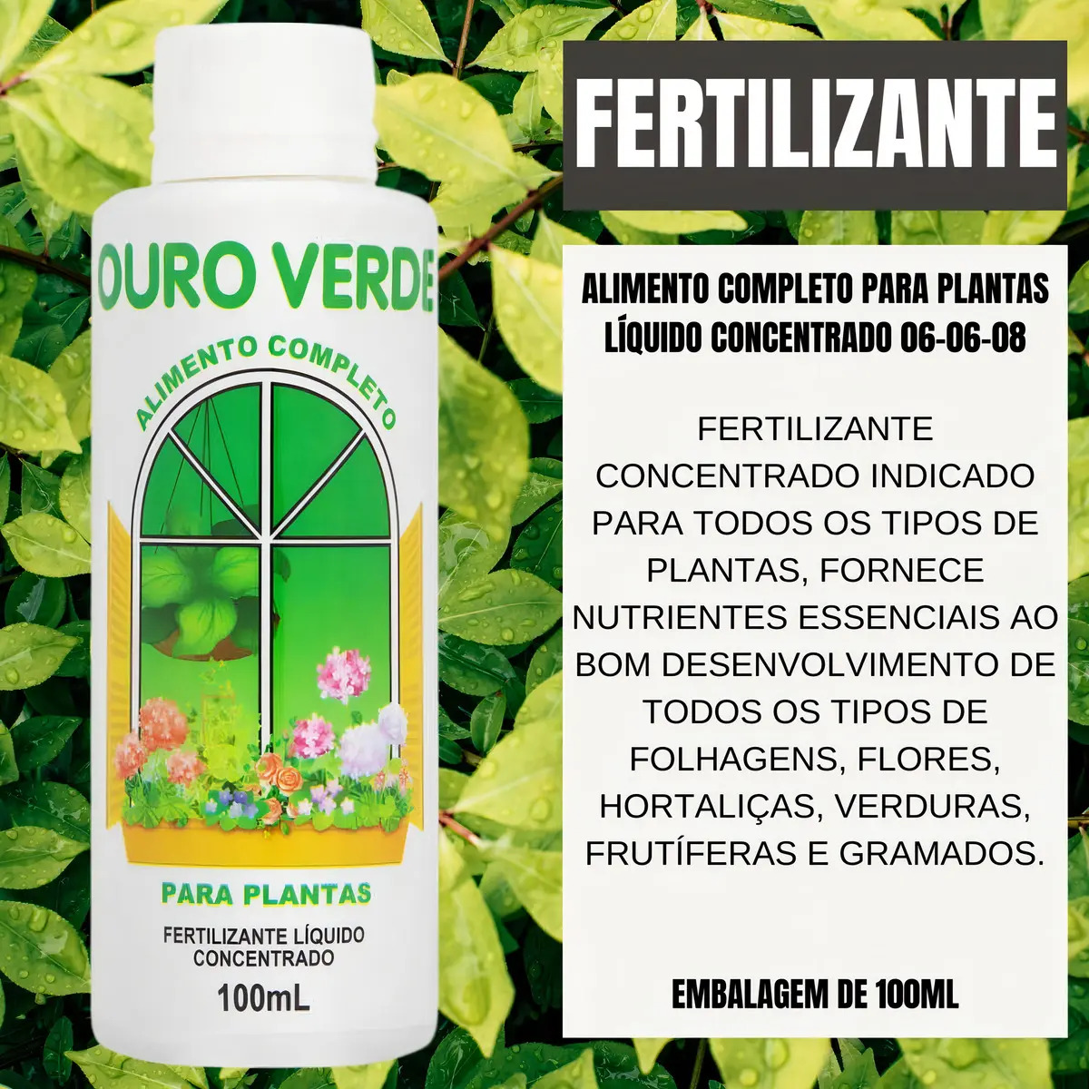 Adubo Líquido Ouro Verde 100 mL Fertilizante para Plantas e Gramados