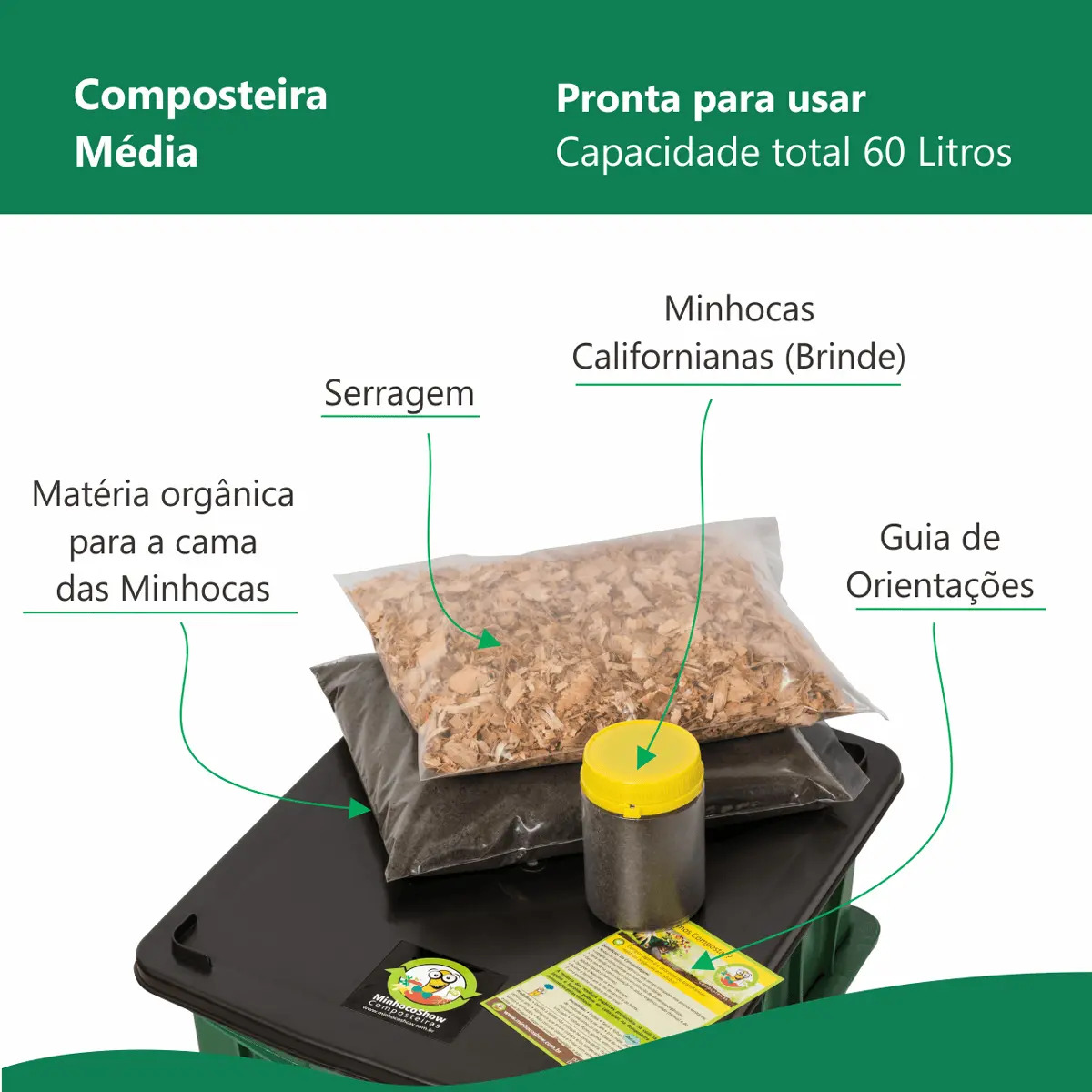 Composteira Doméstica Média 60L com Minhocas Californianas MinhocoShow Cor Verde