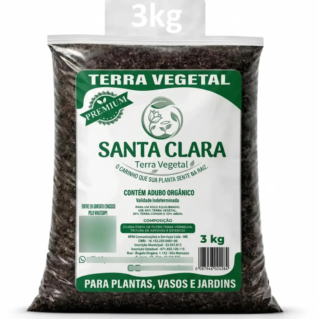Terra Vegetal Santa Clara Premium 3kg Adubada Pronta Para Uso Hortas Plantas Jardins Flores Vasos Hortaliças Com Turfa Composto Orgânico 100% Natural Sustentável Para Jardinagem