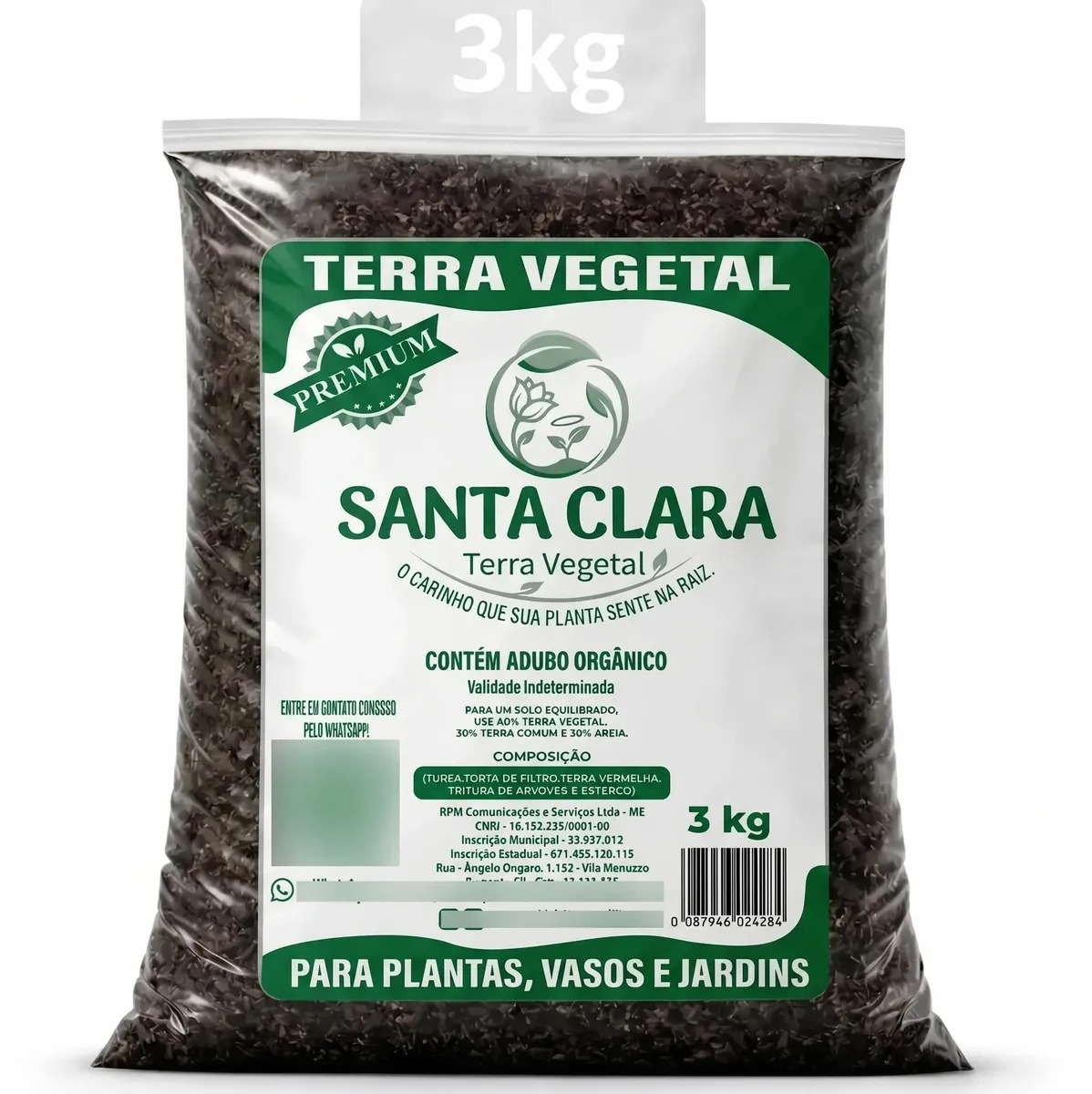 Terra Vegetal Santa Clara Premium 3kg Adubada Pronta Para Uso Hortas Plantas Jardins Flores Vasos Hortaliças Com Turfa Composto Orgânico 100% Natural Sustentável Para Jardinagem